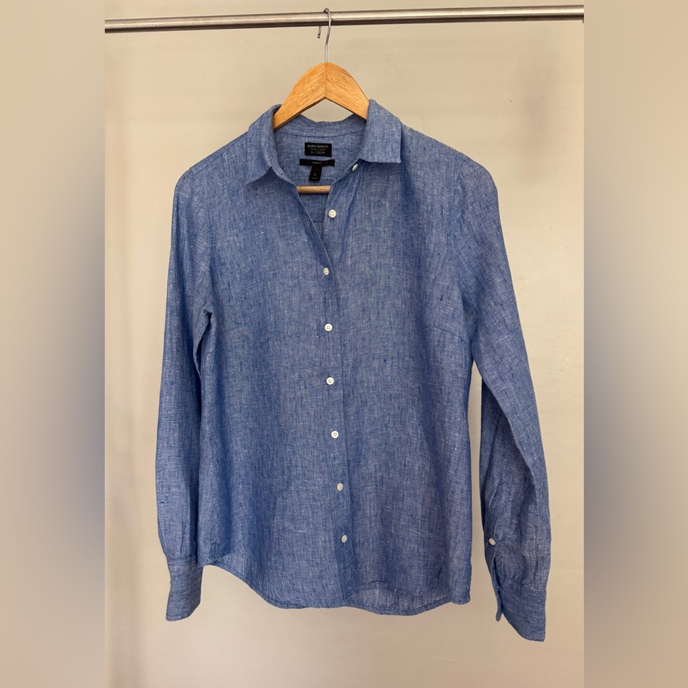 J. Crew x Baird McNutt: Slim Perfect Shirt in Irish Linen in Blue (Size 2)